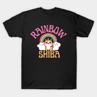 Shiba Inu Unicorn Kawaii Illustration With Rainbow And Cloud T-Shirt